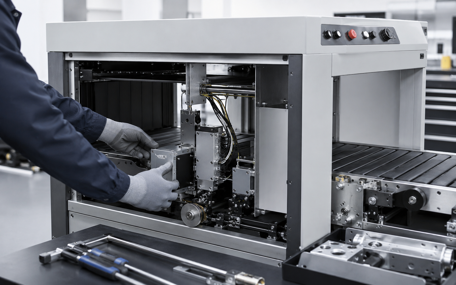 Technician upgrading internal X-ray scanner components