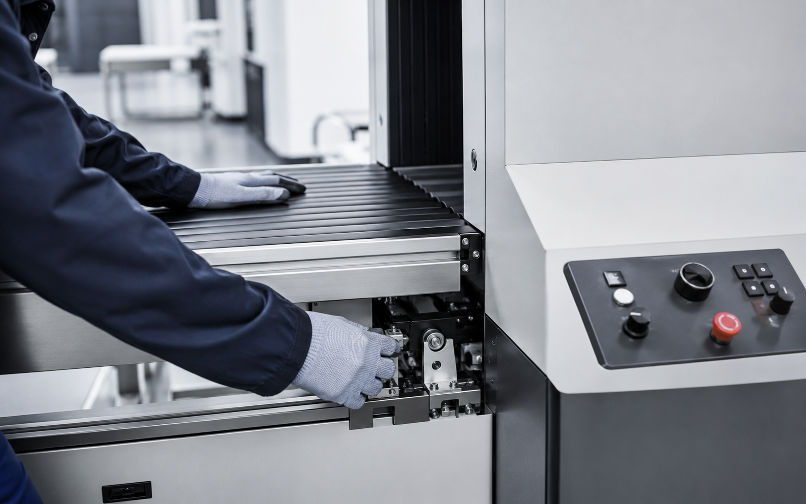 Technician servicing an X-ray scanner conveyor